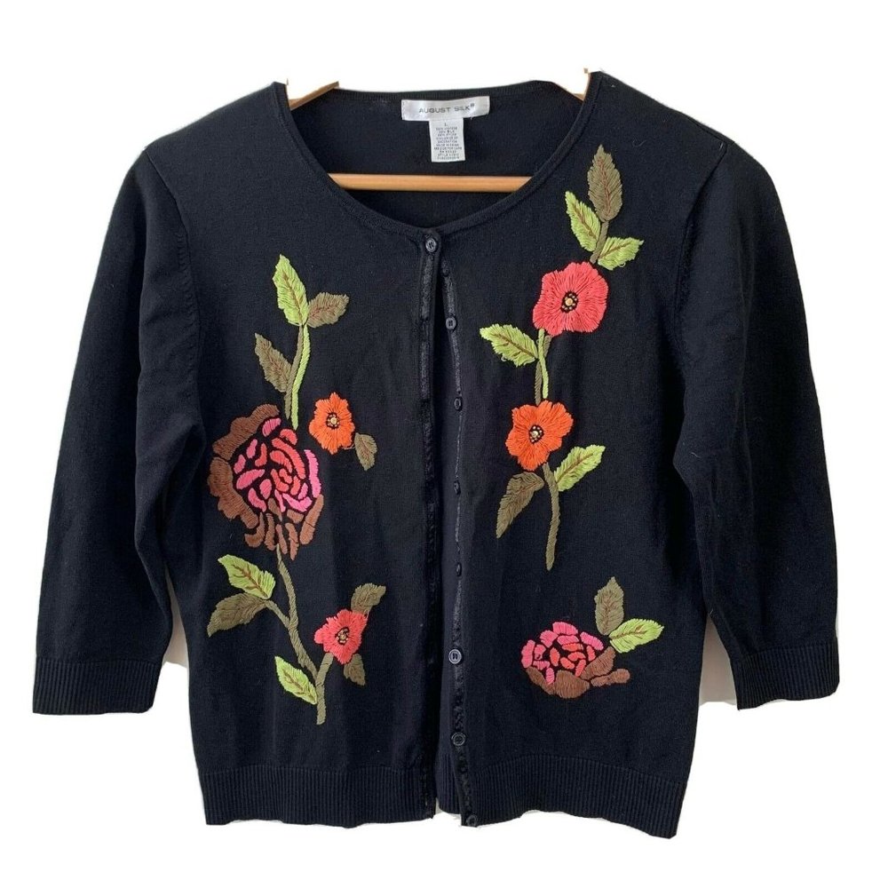 AUGUST SILK Kid's Embroidered Floral Buttonfront Black Cardigan Sz L